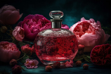 Obraz na płótnie Canvas Perfume bottle with red peony and rose flowers. Generative AI illustration