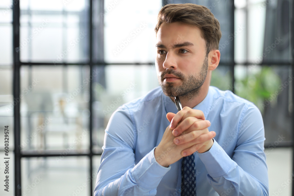 Wall mural portrait of handsome businessman sitting in office.