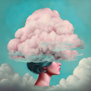 A faceless woman who has a big, thick, white cloud instead of a face. The world of imagination and thinking. Abstract portrait. Pastel background. Illustration, Generative AI.