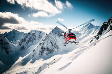 Fototapeta na wymiar Alpine rescue helicopter flying in snow mountains (Generative AI)