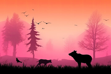 Magic misty forest in silhouette of bear. Trees, deer on meadow in grass, birds. Pink and orange wild landscape