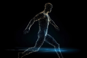 Obraz premium Man figure consisting of glowing pixels runs through darkness