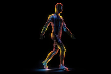 Fototapeta na wymiar Man figure consisting of glowing pixels runs through darkness