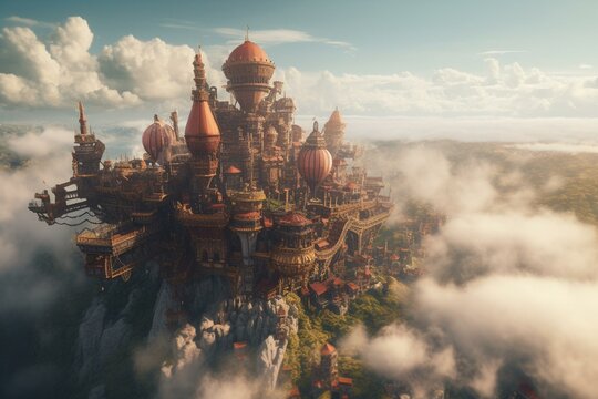 Fantasy steampunk city floats above clouds with vivid colors in epic landscape. Generative AI