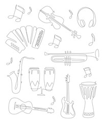 Music instruments one line set illustration with notes. Jazz and rock music band instrument line art. Guitar and violin icons vector design
