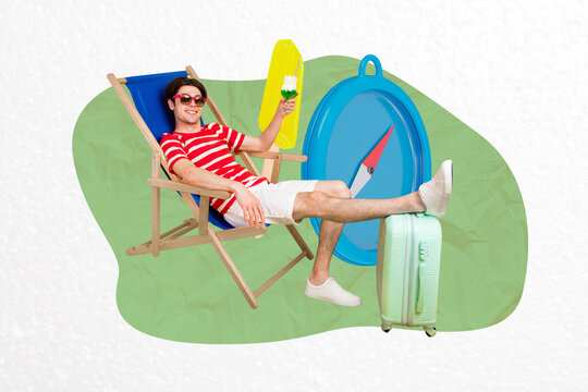 Creative collage picture of carefree positive guy sit chaise longue drink cocktail put leg suitcase big ice cream compass isolated on paper background