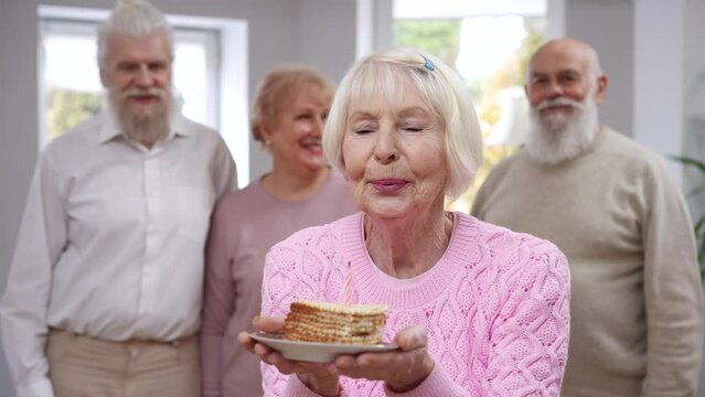 Beautiful senior woman making wish with closed eyes blowing out candle on birthday cake piece. Blurred old friends clapping singing as cheerful happy Caucasian lady looking at camera smiling