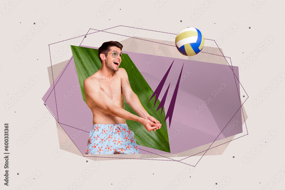 Poster Collage picture of positive carefree guy hands hit play volleyball isolated on drawing creative background