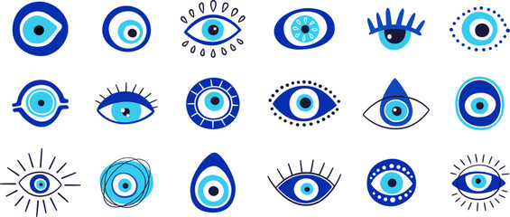 Evil eye talisman icons. Turkish or greek eye symbols. Greece ethnic magic amulet. Mystical blue hamsa icons set in hand drawn style. Nazar amulet symbol. Vector illustration isolated in doodle style. - obrazy, fototapety, plakaty