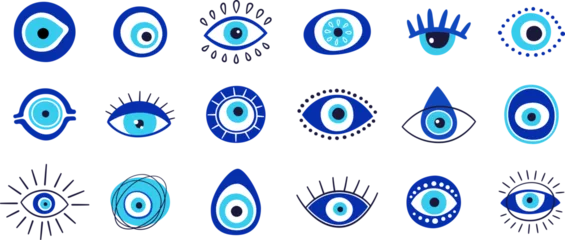 Fotobehang Boho Evil eye talisman icons. Turkish or greek eye symbols. Greece ethnic magic amulet. Mystical blue hamsa icons set in hand drawn style. Nazar amulet symbol. Vector illustration isolated in doodle style.