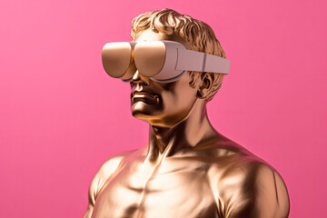 Sculpture Thinker With Golden VR Glasses Over Pink Background