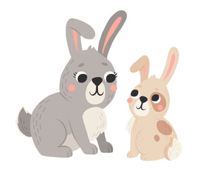 Obraz na płótnie Canvas Icon of cute mommy and baby rabbit in cartoon style. Bunny pet silhouette. Hare mom and kid colorful illustration for childrens book, postcards and posters.