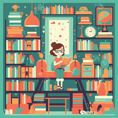 Children reading education ib library, 2d simple flat design