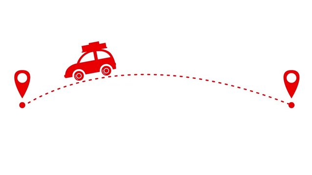 Animated red the car drives along a trajectory. Travel concept by car. Looped video. Vector illustration isolated on a white background.