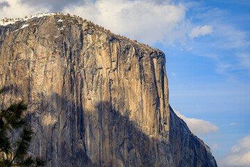 Iconic El Capitan rock formation with snow in Yosemite National Park, California