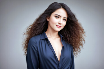 Fototapeta premium Beautiful young woman in modern trend clothes on a gray background. Generative AI