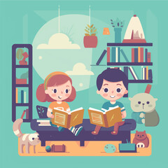 Children reading education ib library, 2d simple flat design