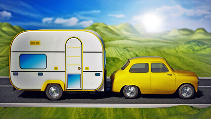 Yellow vintage car on the road with caravan. 3D illustration