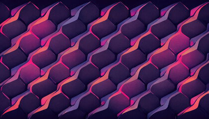 Neon pattern abstract background. Tile texture. Blur fluorescent purple pink blue color gradient glowing curved hexagon cell mosaic design dark art illustration.