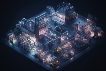 A 3D factory viewed from an isometric perspective. Generative AI