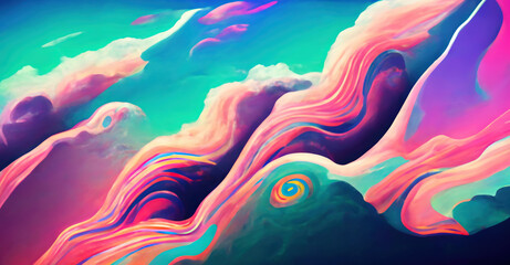 Fototapeta na wymiar Fantasy cloudscape. Sunset sky. Color swirl. Neon bright pink purple cyan blue curve lines waves clouds painting design art illustration abstract background.