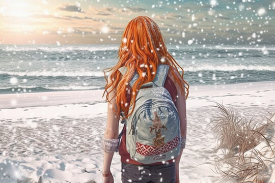 Shot of a beautiful girl from the back. She is standing on a snowy beach, snow everywhere. Generative AI illustration