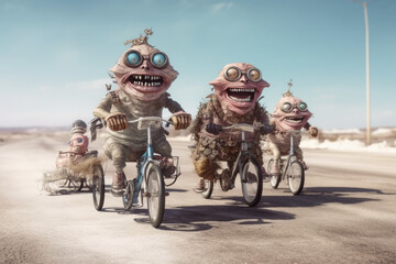 A group of cute scary ugly nightmare alien monsters having fun riding a bicycle. Generative AI illustration