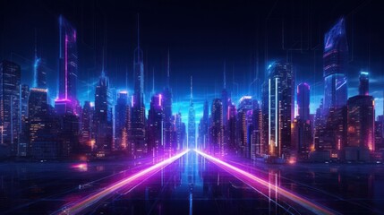 Neon mega city capital towers with futuristic technology background, future modern building virtual reality, night life style concept. Generative AI. - obrazy, fototapety, plakaty