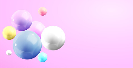 Abstract background with dynamic 3d colorful spheres, colorful balls. Minimal glossy sphere of balls on pastel color. Modern design for display product, backdrop, banner, party, celebration. Vector EP