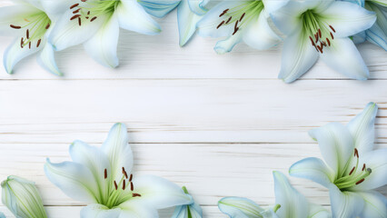 Blue and white lily flowers and leaf Border surrounding on a White Blue turqouise rustic Wooden Tabletop, Highlighting the Soft and Selective Elements of Flower Border Art. Generative ai