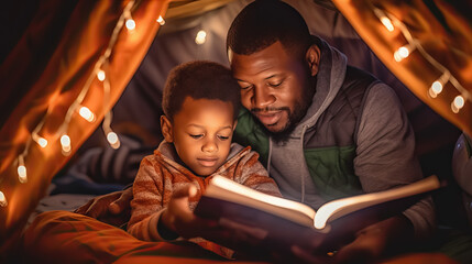 young father and little son reading book in cozy tent with Christmas lights at night, generative AI