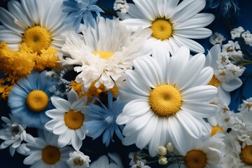 White and yellow flowers amid blue and white ones, each with yellow centers. Generative AI