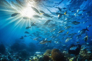 Plakat fish swims in the ocean. marine life. sustainable ocean practices. protect ocean concept. generative ai.