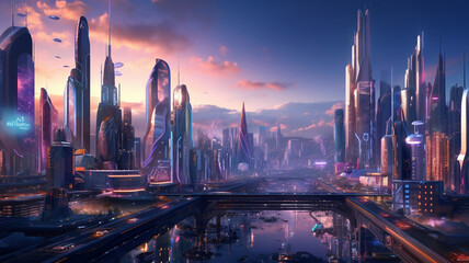 Naklejka premium A futuristic city with sleek buildings and hovering vehicles, with neon lights and holographic billboards. generative ai.
