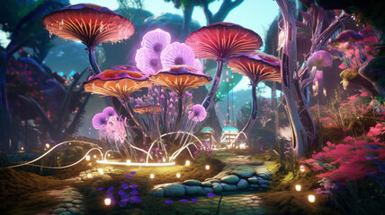 Obraz na płótnie Canvas fantasy futuristic garden in the spring, with a mix of organic and synthetic elements including glowing mushroom, grass. generative ai.