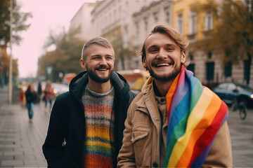 Happy men couple with LGBT Rainbow Flag on the city street background. Parade. Generated Ai