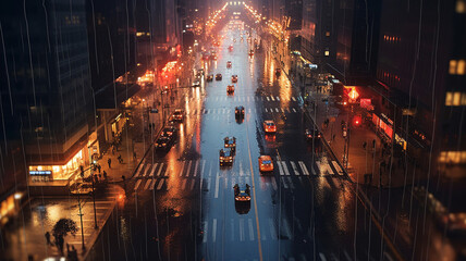 A bird's-eye view of a city street during a rainy day, with reflections of lights on the wet pavement, pedestrians walking with umbrellas, and cars driving through the puddles. generative ai.