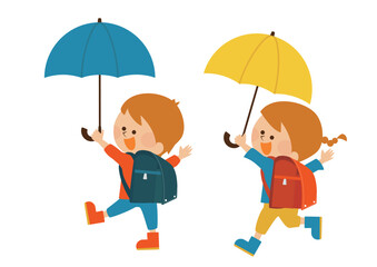 梅雨　傘をさす男の子と女の子のイラスト素材