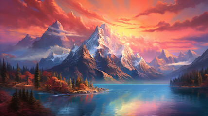 Fototapeta na wymiar A breathtaking mountain range with snow-capped peaks, a crystal-clear lake in the foreground, and a colorful sunset sky in the background. generative ai