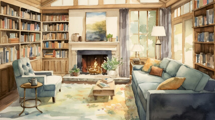 A watercolor cozy living room with a fireplace, bookshelves, and comfortable furniture. generative ai.