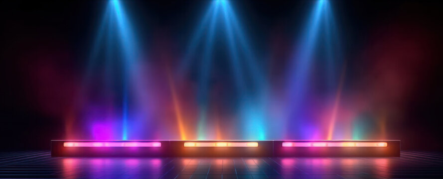 Empty stage background with colorful neon spot light beam shine on smoke background, concert stand with blank space for mock up. Generative AI.