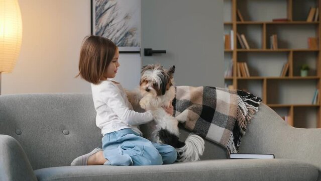 Little girl is sitting on the sofa, embracing cute dog and playing.