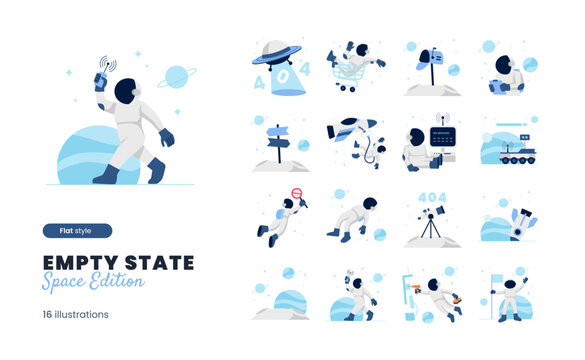 Empty State Illustration with space Astronaut Theme with various empty state, empty inbox, no message, 404, error page