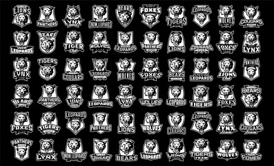 Monochrome set of sport logos animal mascots. Black and white collection of mascots for sports clubs and teams. The heads of animals against the background of the shield, the font of the team