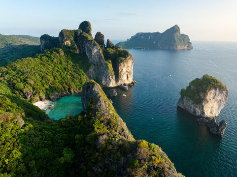 Thailand, Krabi Province, Drone view of cliffs of Phi Phi Islands