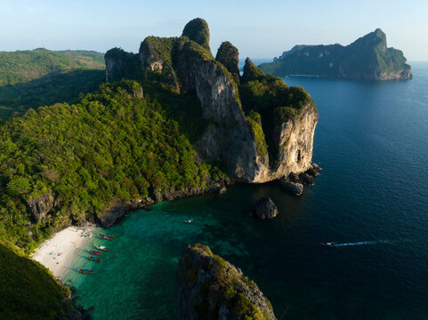 Thailand, Krabi Province, Drone view of cliffs of Phi Phi Islands