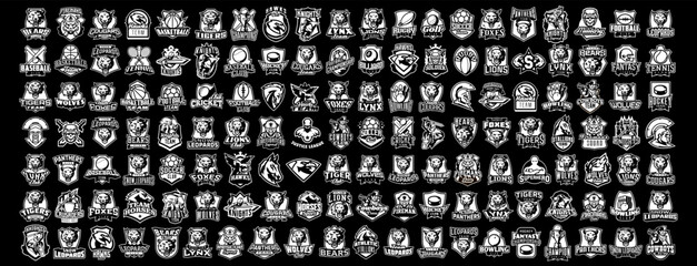 Huge collection of black and white stickers, badges, sports emblems, sports logos. Wild animals, soldiers, cowboys, warriors and more in monochrome style. Vector illustration isolated on background