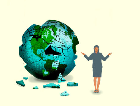 Illustration of businesswoman standing in front of cracked Earth globe