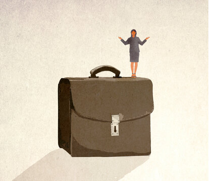Illustration of businesswoman standing on top of oversized briefcase