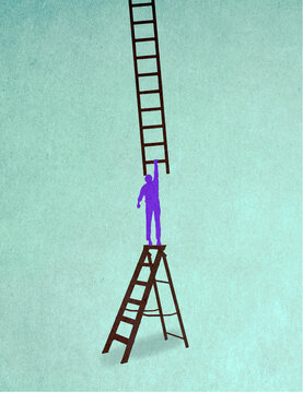 Illustration of man standing on step ladder reaching for another ladder